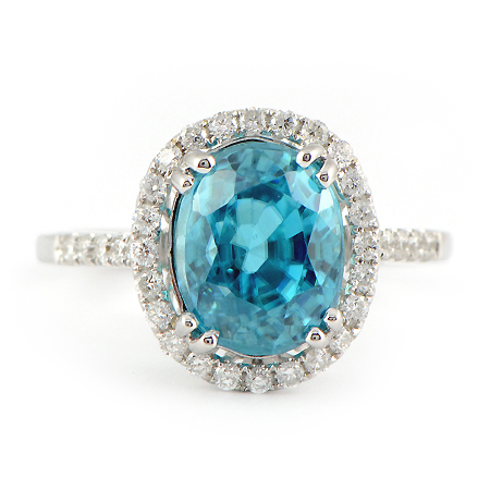 Blue Zircon Ring with Diamond Halo in White Gold | Wixon.com