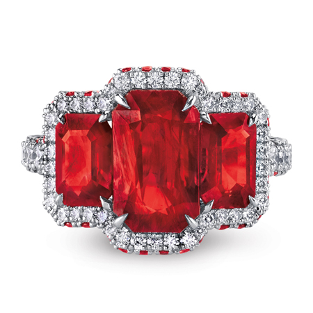 Three-Stone Burmese Ruby and Diamond Ring