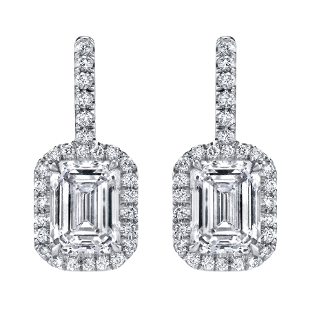 emerald cut diamond halo earrings