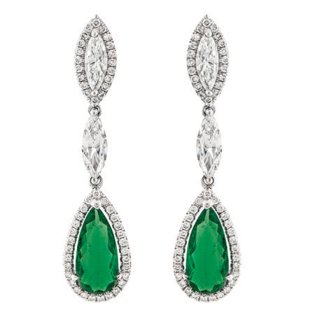 Emerald and Diamond Halo Dangle Earrings