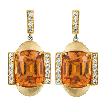 custom mandarin garnet and diamond yellow gold earrings