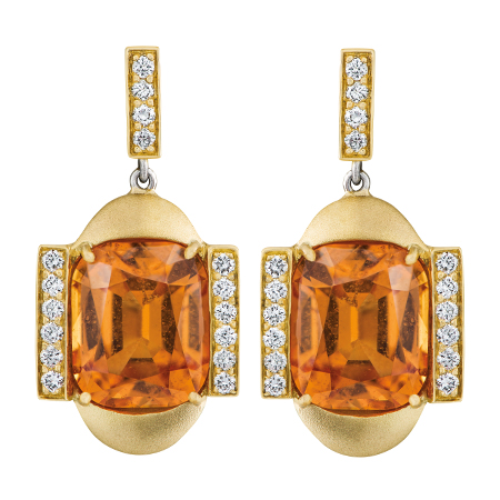 custom mandarin garnet and diamond yellow gold earrings