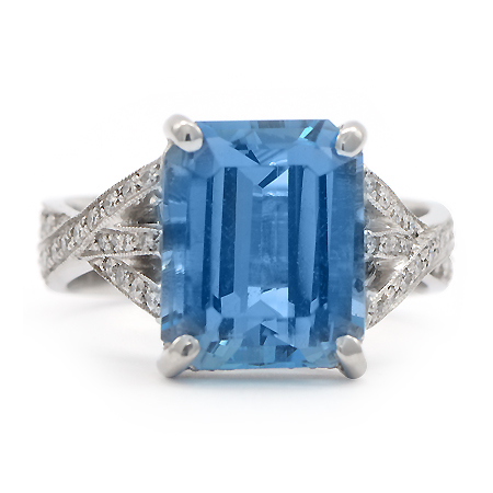 Emerald Cut Aquamarine Color Gemstone Ring by JB Star with Pave Diamonds