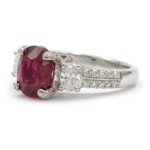 Burma Ruby Gemstone Ring with Oval and Round Diamonds Set in Platinum
