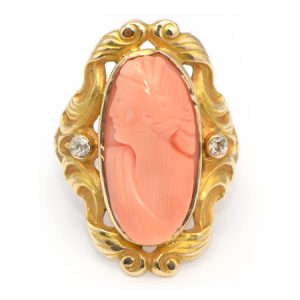 Vintage Ring with Carved Coral Cameo Bust set in Yellow Gold from Art Nouveau Jewelry Period