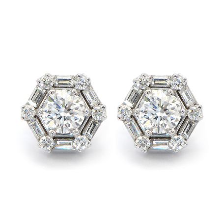 Round Diamond Stud Earrings with baguettes