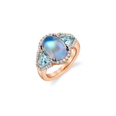 Moonstone and Aquamarine Gemstone Ring in Rose Gold with Diamonds