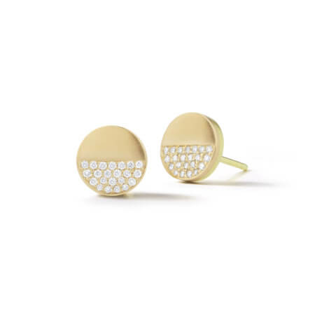 Pave Circle Button Earrings in Yellow Gold