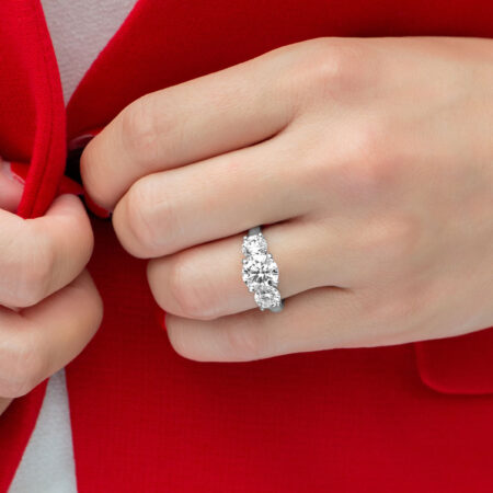 Three stone round diamond ring on hand
