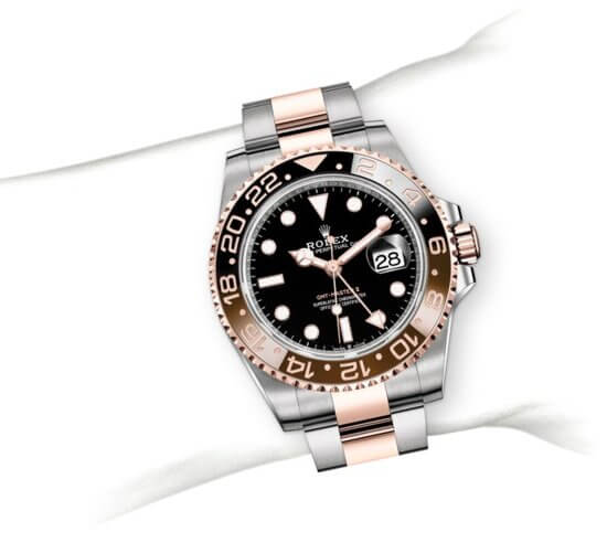 m126711chnr-0002_modelpage_on_wrist_portrait Rolex GMT-Master II "Root Beer" in Everose Gold and Oystersteel