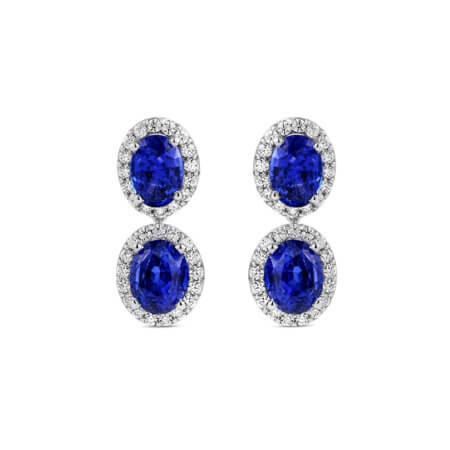 Oval Ceylon Sapphire Diamond Halo Drop Earrings