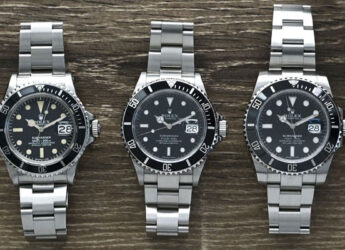 Three generations of the Rolex Submariner—a 1975 Ref. 1680, a 2006 Ref. 16610T and a 2017 Ref. 116610LN.