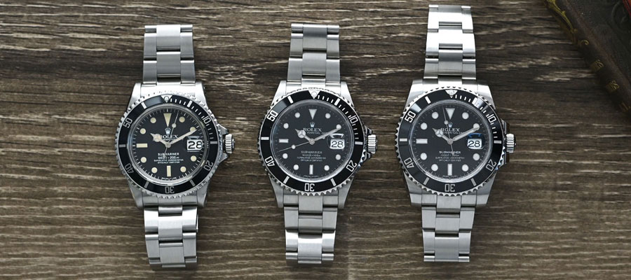 Submariner-Comparison_Blog-Header+2 Three generations of the Rolex Submariner—a 1975 Ref. 1680, a 2006 Ref. 16610T and a 2017 Ref. 116610LN.