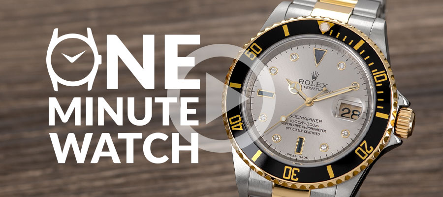One Minute Watch | Today we take a look at a unique version of Rolex’s iconic and classically-styled dive watch. Sporting a cool and seldom-seen silver “Serti” dial, this steel and gold Rolex Submariner Date stands out among its more common black and blue dial cousins. While Submariners normally have luminous indices for hour markers, these “Serti” dials are distinguished by eight diamond hour markers and three blue sapphires representing 6, 9 and 12 o’clock. The silver dial serves as a beautiful canvas for the diamonds and sapphires and is even more unusual to see over the more common Rolex Submariner with the champagne “Serti” dial.
