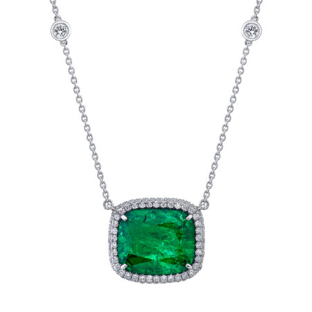 Emerald Diamond Halo Necklace